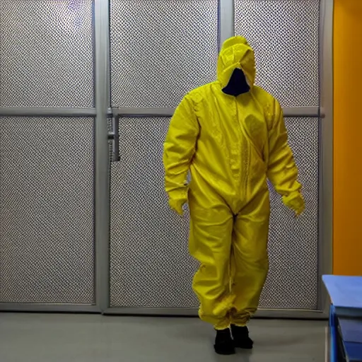 Prompt: hazmat suit guy, backrooms entity in cage, in the backrooms, composition