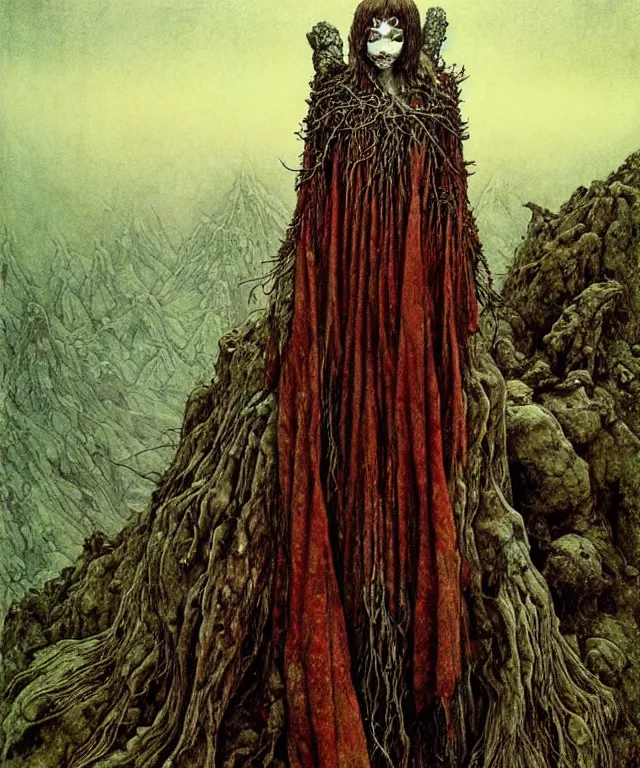 Prompt: a detailed creepy woman with many joints and arms stands among the hills. wearing a ripped mantle, robe. perfect faces, extremely high details, realistic, fantasy art, solo, masterpiece, art by zdzislaw beksinski, arthur rackham, dariusz zawadzki, hermann nitsch