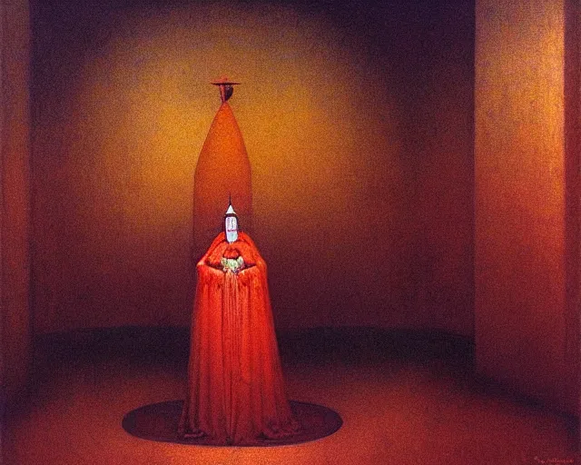 Prompt: devotion to the scarlet woman, priestess in a conical hat, coronation, ritual, sacrament, by francis bacon, beksinski, mystical redscale photography evocative, luxury, opulence.