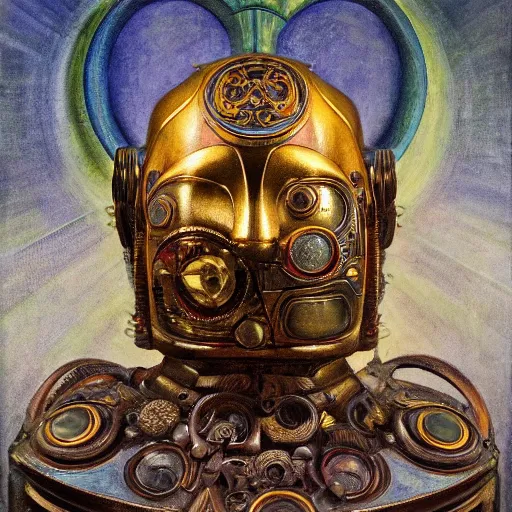 Image similar to beautiful sculpture of an ornate mechanical robot cat head, by annie swynnerton and diego rivera and nicholas roerich and jean delville, symbolist, dramatic lighting, god rays, elaborate geometric ornament, art brut, soft colors, smooth, sharp focus, extremely detailed, adolf wolfli and ( donato giancola )