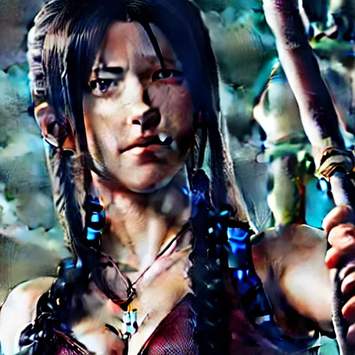 Prompt: promotional image of <Tifa Lockhart> as <War Priestess> in the new movie directed by <Tetsuya Nomura>, <heavily armored and brandishing shillelagh>, <perfect face>, movie still frame, promotional image, imax 70 mm footage