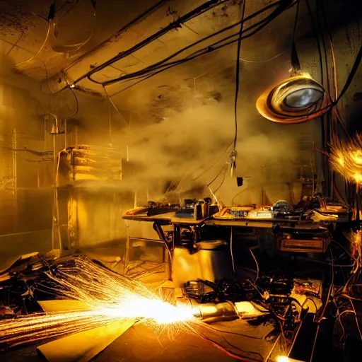 Image similar to pocket calculator, tangles of metallic cables, dark messy smoke - filled cluttered workshop, dark, dramatic lighting, orange tint, sparks, plasma charges, cinematic, highly detailed, sci - fi, futuristic, movie still