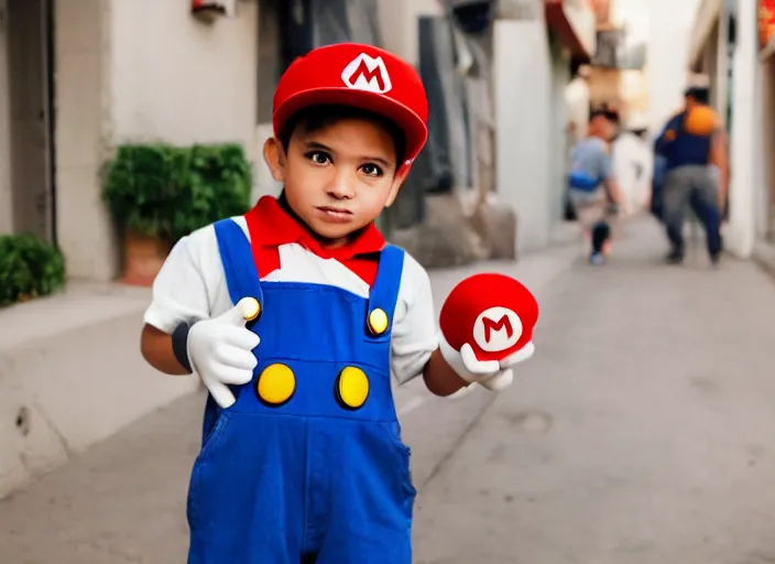 Prompt: super mario as a drug dealer selling a magic mushroom in the alleys of los angeles, super mario in real life, red hat and blue overalls, canon eos r 3, f / 1. 4, iso 2 0 0, 1 / 1 6 0 s, 8 k, raw, unedited, symmetrical balance, wide angle