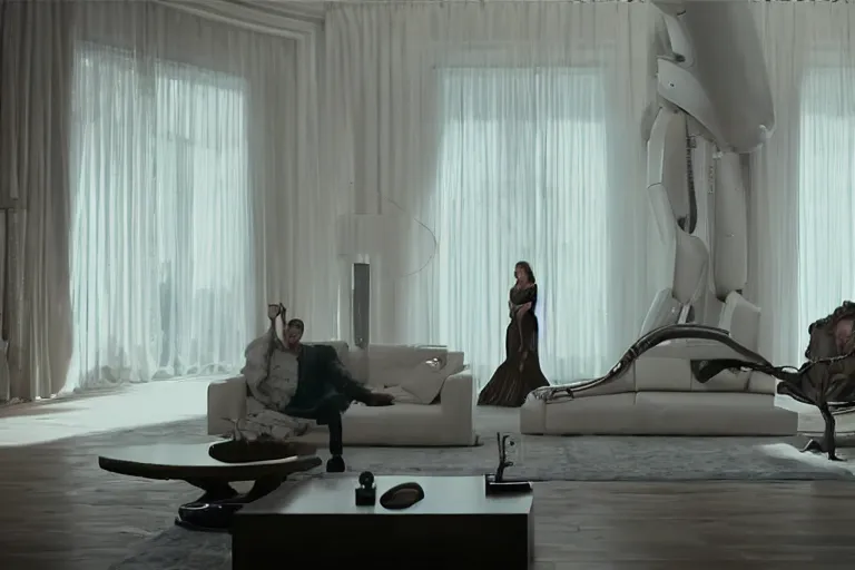 Image similar to VFX movie of old woman helping sleek futuristic robot in a decadent living room by Emmanuel Lubezki