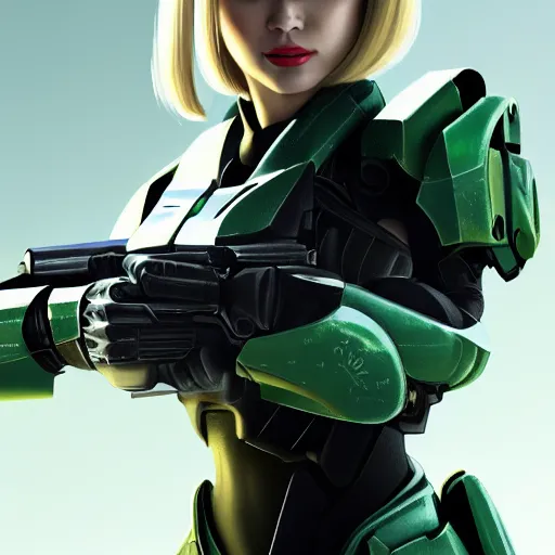 Image similar to A combination of Ada Wong's and Grace Kelly's and Katheryn Winnick's appearances with blonde hair wearing Master Chief's armor from Halo, high tech, action shot, angular, full body portrait, futuristic, dramatic, fantasy, intricate, elegant, highly detailed, digital painting, artstation, concept art, matte, sharp focus, illustration, 8K, art by tian zi and WLOP and alphonse mucha