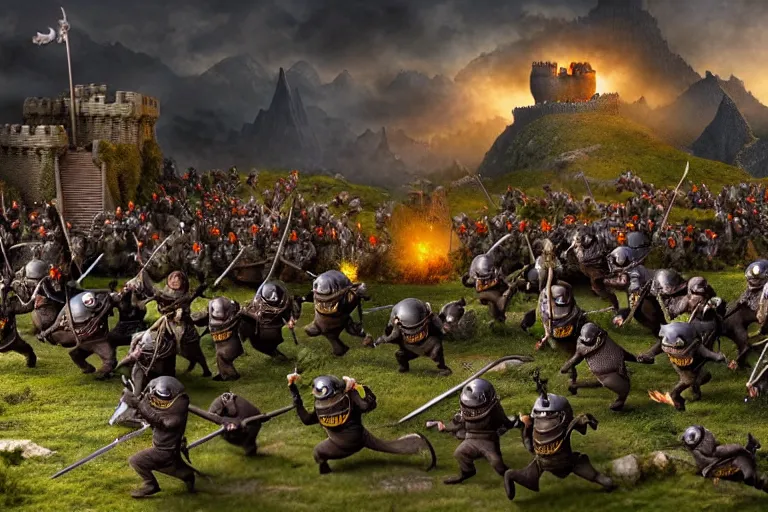 Image similar to diorama of minions fighting orcs in the battle of helm's deep, giant castle walls, realistic, 4 k, detailed, atmospheric, cinematic lighting