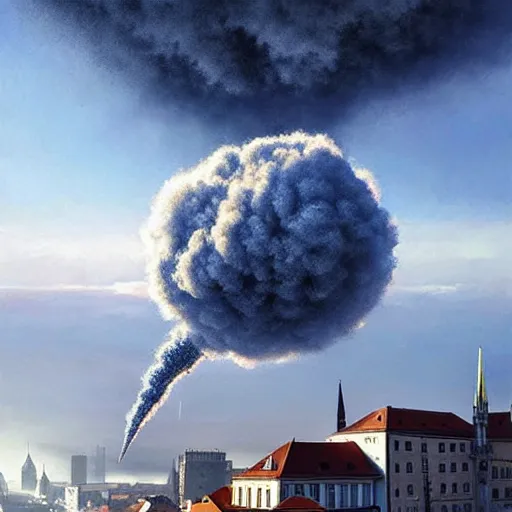 Image similar to , city of munich!!!, huge bright comet falling from the skies with smoke trail!!!, people in panic!!, hyperrealistic, highly detailed, cinematic, daylight, beautiful, cgssociety, artstation, 8 k, oil painting by greg rutkowski, by artgerm, by wlop