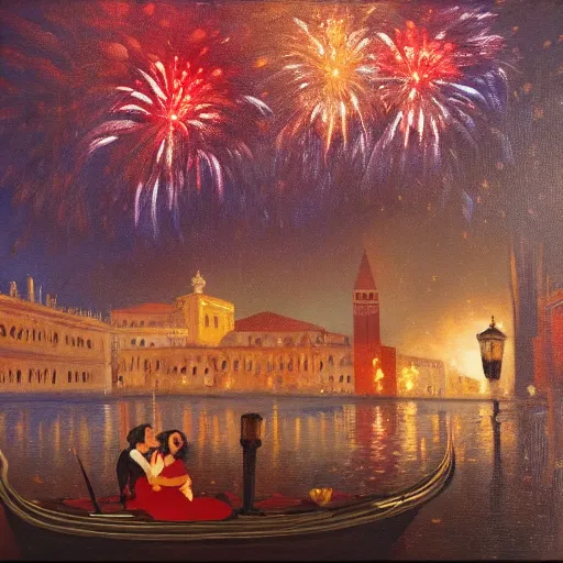 Image similar to an oil painting of couple kissing, in a background fireworks in venice