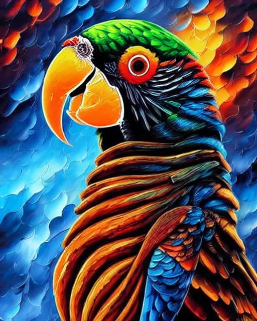 Prompt: stylized ink and smoke parrot portrait, steampunk cybernetic art by dan mumford and leonid afremov