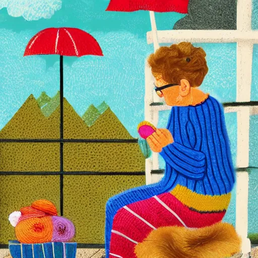 Prompt: grandmother knitting a wool sweater on the porch during summer rain children's book illustration high quality beautiful colors