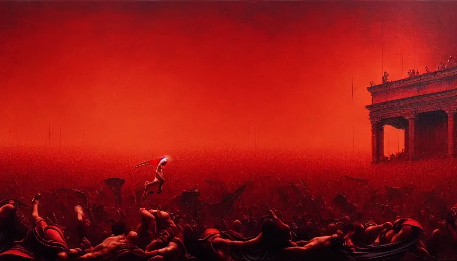 Image similar to only with red, bloody gladiator battle in a crowded roman amphitheatre, crowd cheering, in the style of beksinski and edward hopper and rodcenko and yue minjun and greg rutkowski, intricate and epic composition, red by caravaggio, highly detailed, masterpiece, red light, artstation, art nouveau