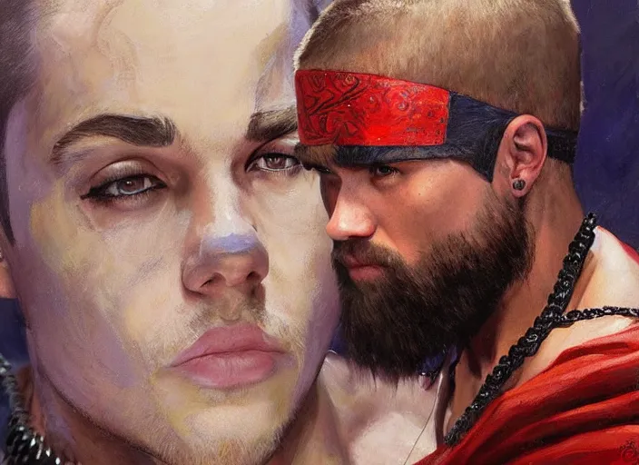 Prompt: a highly detailed beautiful portrait of justin bieber as kratos, by gregory manchess, james gurney, james jean