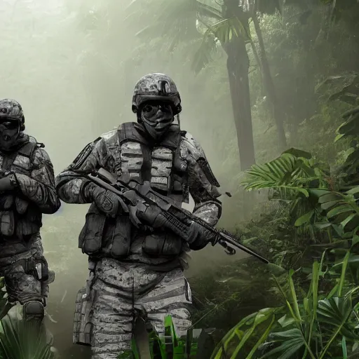 Image similar to Mercenary Special Forces soldiers in light grey uniforms with black armored vest and helmet escorting a VIP in the jungles of Tanoa, combat photography by Feng Zhu, highly detailed, excellent composition, cinematic concept art, dramatic lighting, trending on ArtStation