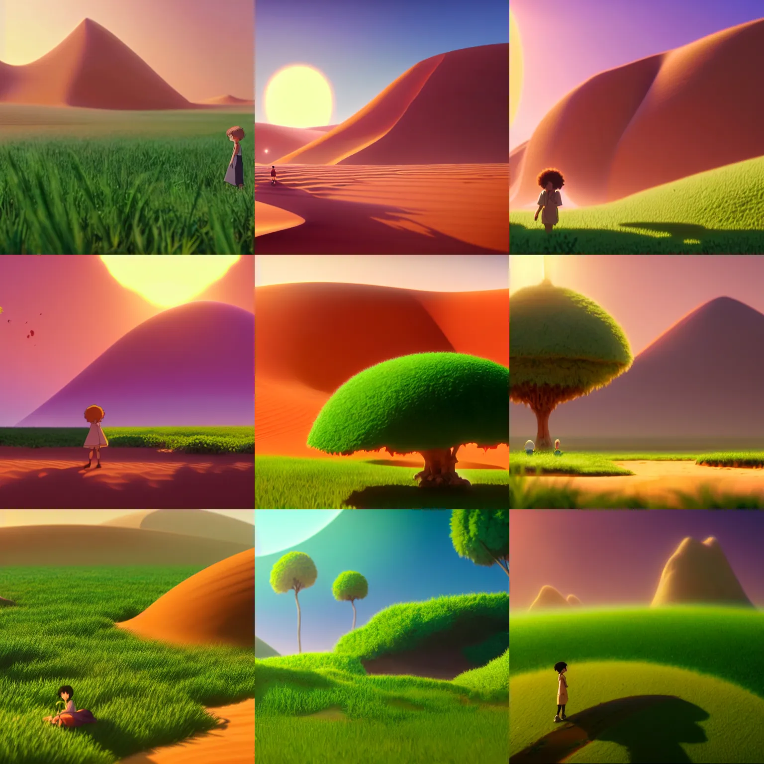 Prompt: a wholesome animation key shot of the sahara became green and desert started blooming, medium shot, studio ghibli, pixar and disney animation, sharp, rendered in unreal engine 5, anime key art by greg rutkowski, bloom, dramatic lighting