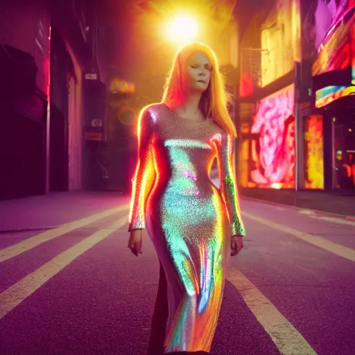 Prompt: A hyper realistic and detailed head portrait photography of a statuesque redhead wearing a translucent iridescent shimmering dress on a futuristic street. by Annie Leibovitz. Neo noir style. Cinematic. neon lights glow in the background. Cinestill 800T film. Lens flare. Helios 44m