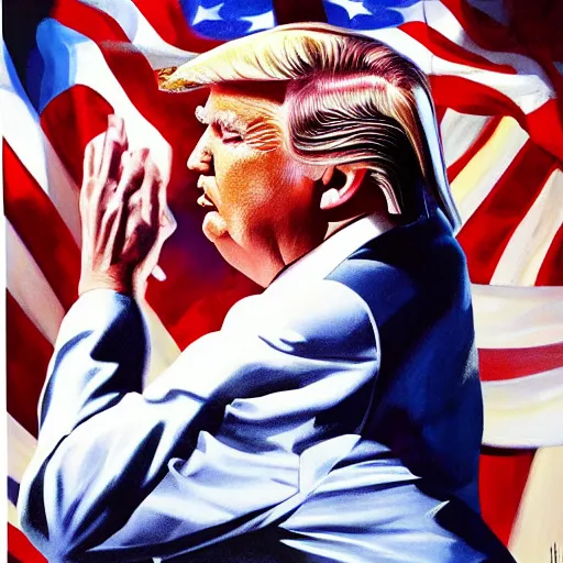 Prompt: alex ross painting of donald trump, sun rays, glorious, victory, usa, heroic