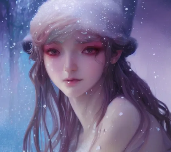 Image similar to beautiful ancient pastel frost witch, fire in eye, snow glow, pool party, highly detailed, digital painting, artstation, sharp focus, illustration, art by tan zi and ayanamikodon and alphonse mucha and wlop!!