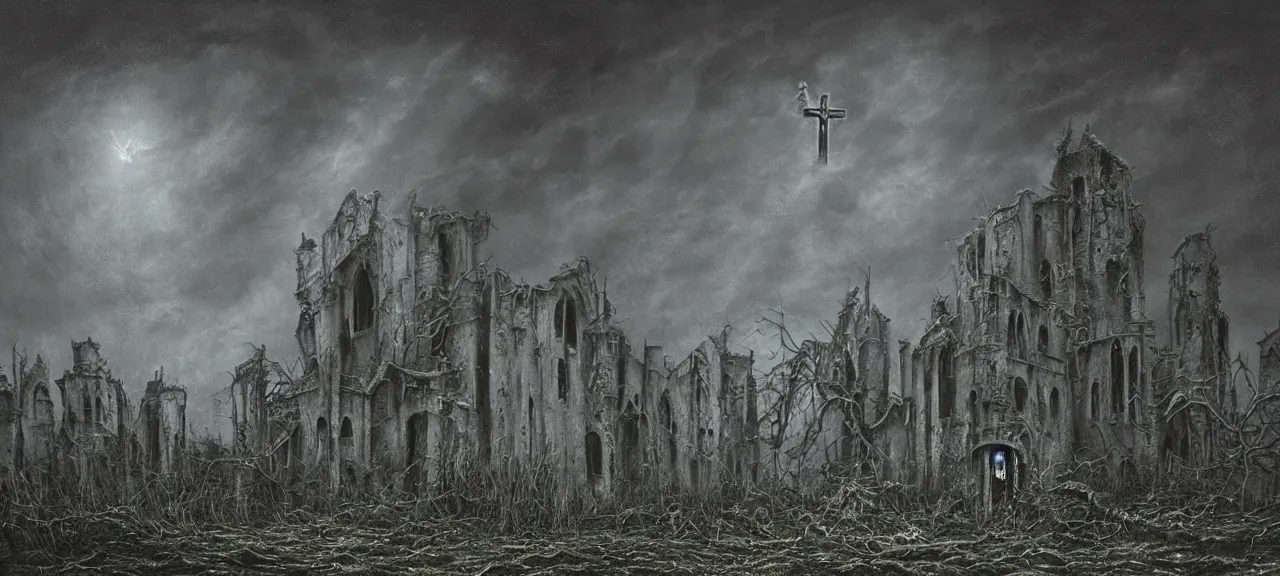 Image similar to Detail on scene, where terrified priest with tormented eyes is aiming the crucifix at grey ugly Alien, in a darkened room of a ruined castle, a dark, menacing atmosphere, horror,the essence of evil, in the style of Lee Madgwick