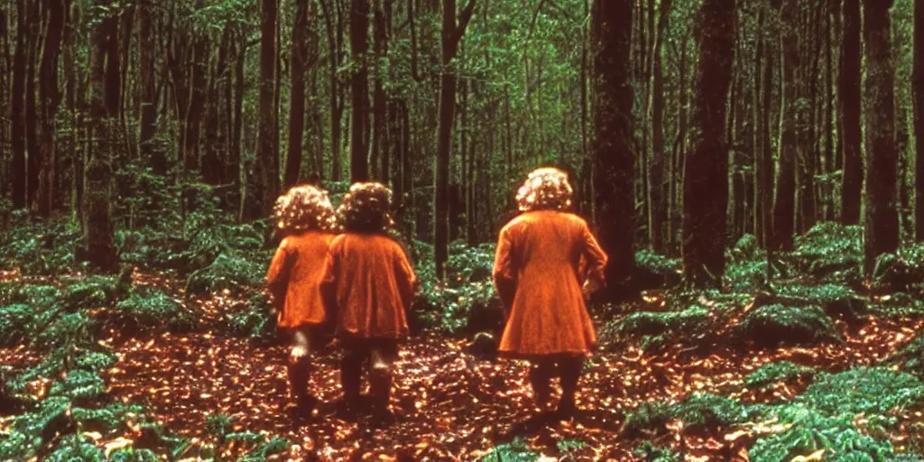 Image similar to A full color still from a Stanley Kubrick film featuring two hobbits with their backs to the camera, in a dark forest, 35mm, 1975