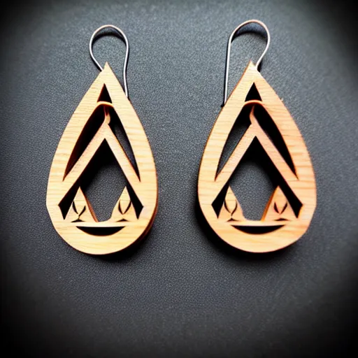 Image similar to 2 d wood lasercut earrings, mystical symbols, 8 k, hd, trending on amazon on artstation, trending on deviantart, trending on etsy, epic digital art