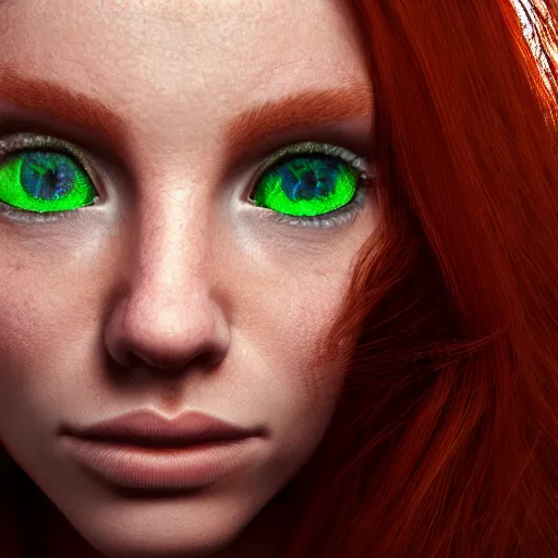 Prompt: portrait of a redhead woman with green eyes, hyper realistic, volumetric lighting