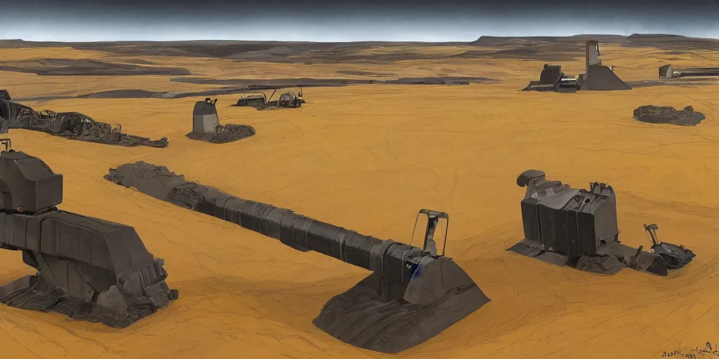 Image similar to barren icelandic landscape, dark gravel, huge abandoned mining equipment, style of ralph mcquarrie