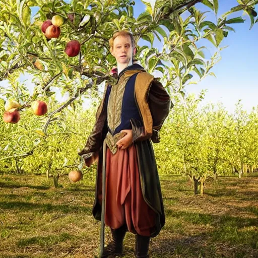 Prompt: portrait of a slender elven man, standing in an apple orchard, dressed in medieval clothes, very handsome, dungeons and dragons