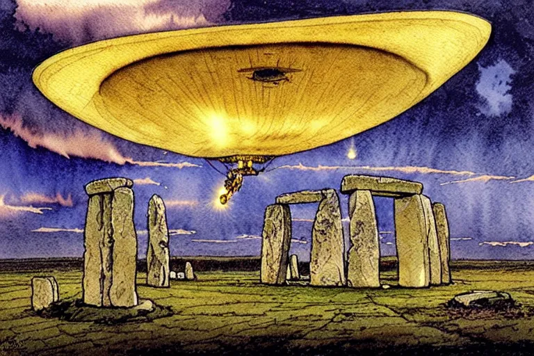 Prompt: a realistic and atmospheric watercolour fantasy concept art of a golden ufo landing on top of stonehenge. by rebecca guay, michael kaluta, charles vess and jean moebius giraud