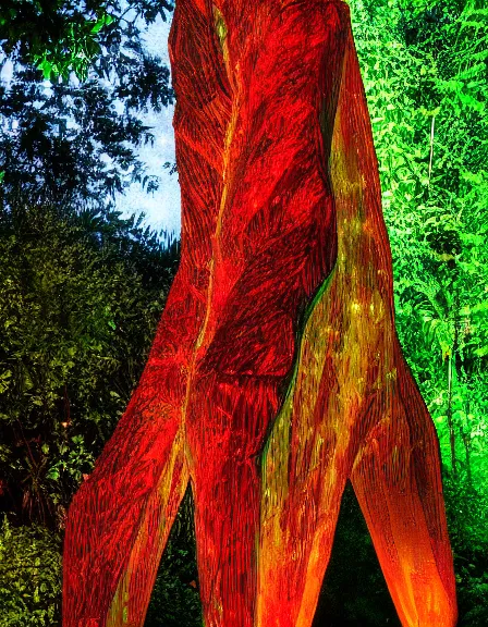 Prompt: vintage color photo of a giant 1 1 0 million years old abstract sculpture made of light covered by the jungle vines