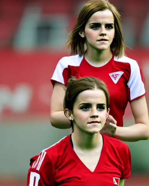 Image similar to a portrait of emma watson as a lokomotiv football player, hyper realistic