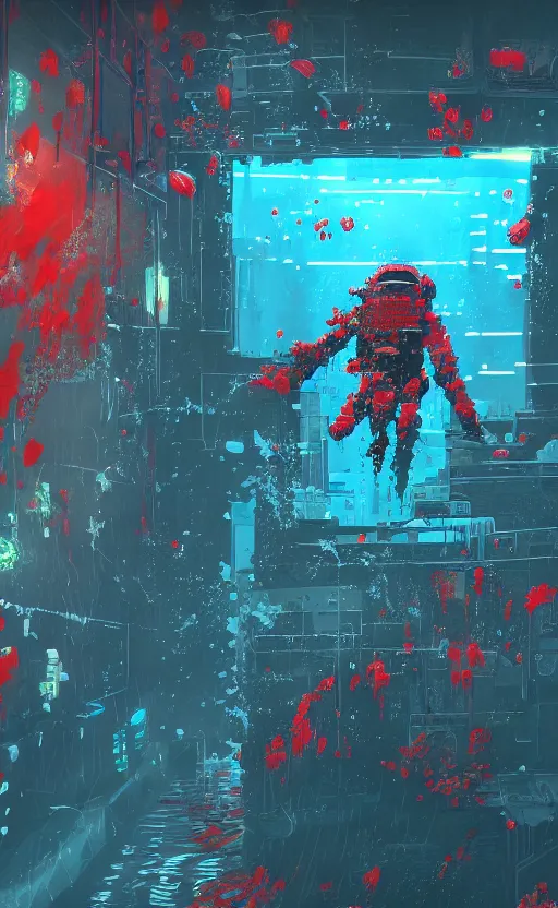 Prompt: soma game art style, drowning astronaut under water, red or blue plants, panic, hyperdetailed, hyperrealistic, cyberpunk style