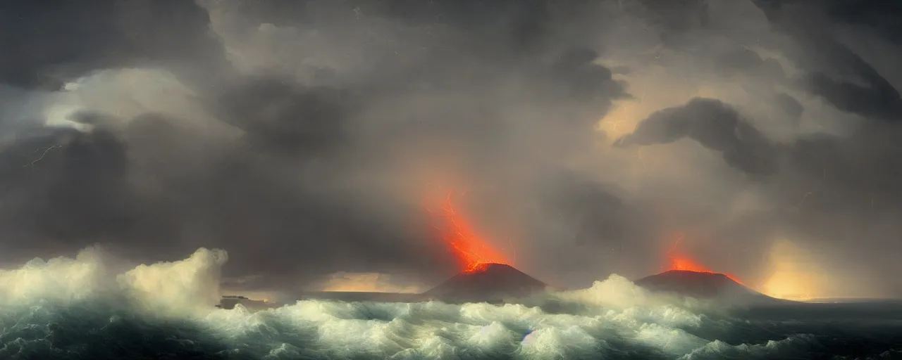 Image similar to erupting icelandic volcano in a severe thunderstorm, in style of Aivazovsky, epic lighting, ultra realistic, 4k, hyper details,