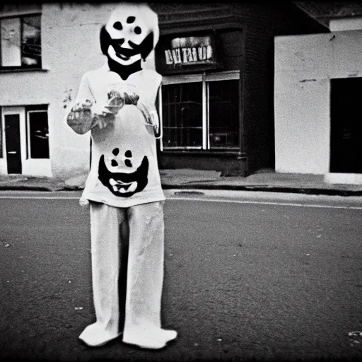 Prompt: creepy clown on the street, vintage photograph, black and white, disposable film, 8 mm, analog