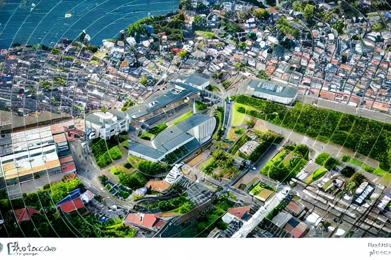 Image similar to bird's eye view photography of a small city. town hall, central farm, monorail station, beach and shipping dock. hills, woods and lake to the north.