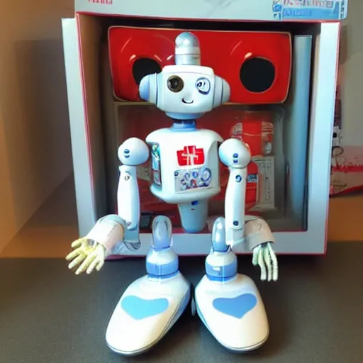 Image similar to a toy robot nurse intended to keep in house hospital patients healthy and happy and to provide company to the lonely, meant to bring hope and joy, very friendly and sweet, a nurse robot, real life, vhs distortion, positive