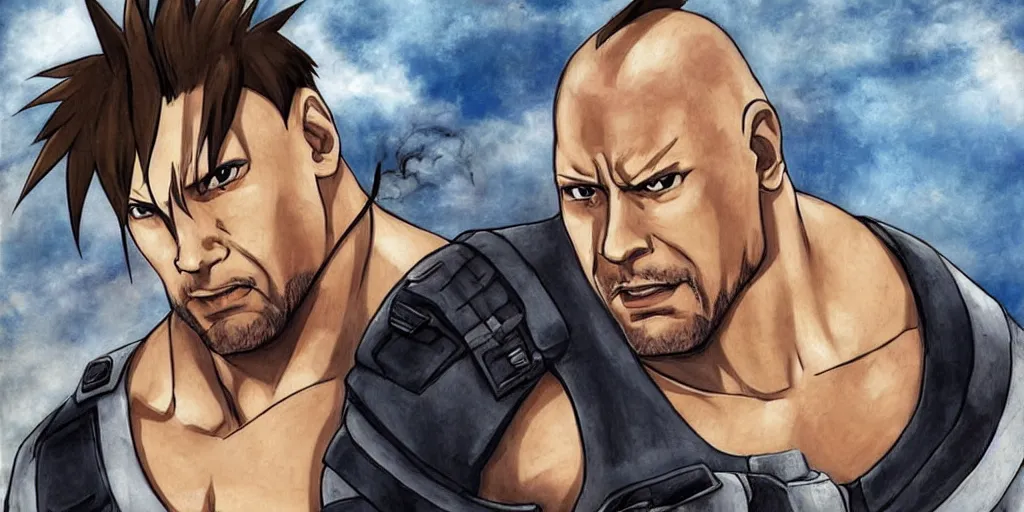 Image similar to anime portrait of dwayne johnson as barret from final fantasy 7