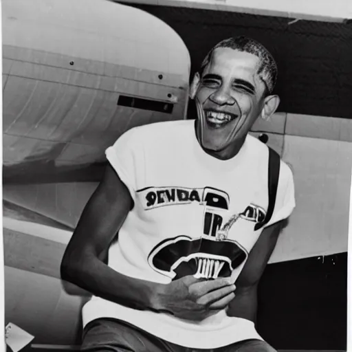 Image similar to riverdale still of obama wearing suspenders, a white varsity sweater with a varsity letter r, and a propeller cap, cap with a propeller on it, 1 9 5 0 s
