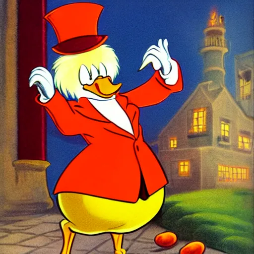Prompt: Scrooge McDuck (1947) by Carl Banks the Scottish-American anthropomorphic Pekin duck, yellow-orange bill legs and feet wearing red frock coat, top-hat, pince-nez glasses and spats, holding large egg at creek vibrant hyper realistic cartoon
