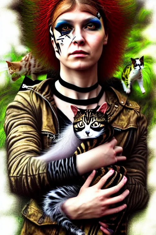Prompt: punk rock girls making selfie with cats in jungle , mad max jacket, post apocalyptic, renaissance, highly detailed, digital painting, oil painting by Leonardo Da Vinci, hyper realistic style, fantasy by Olga Fedorova