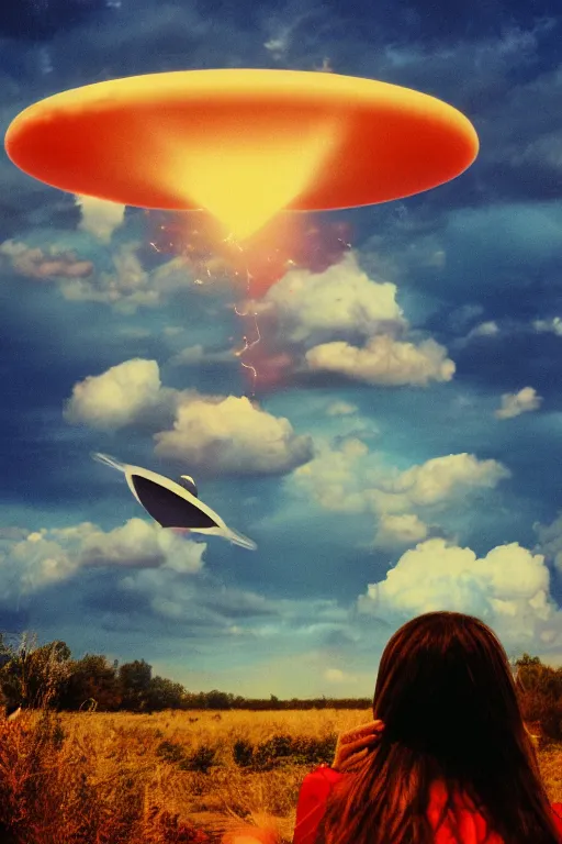 Prompt: old analog photograph of a beautiful woman spotting a ufo in the sky, seen from behind, detailed clouds, warm azure tones, red color bleed, film grain