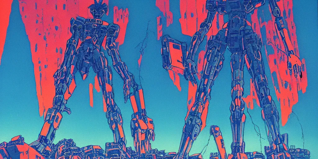 Prompt: risograph grainy painting of gigantic huge evangelion face with a lot of details - like mech covered ooze, by moebius and dirk dzimirsky, close - up wide portrait