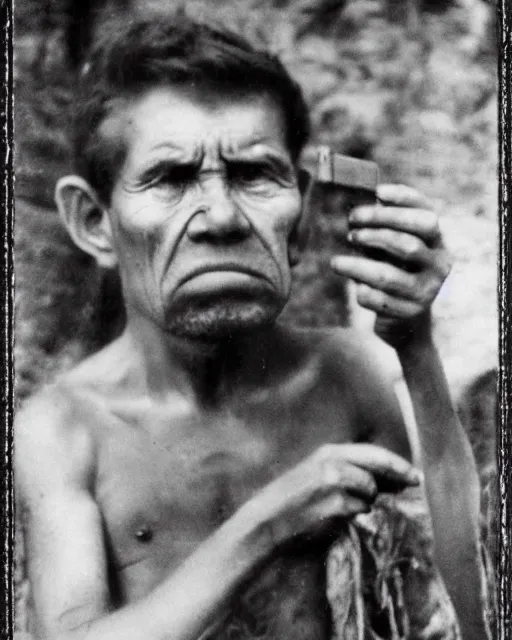 Prompt: vintage denisovan selfie photo, frowning