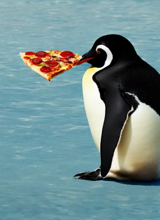 Prompt: photo of a penguin eating a pizza slice