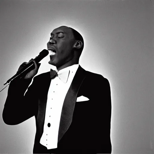 Image similar to a man in a tuxedo singing into a microphone, a colorized photo by Svend Rasmussen Svendsen, dribble, harlem renaissance, 1970s, 1990s, movie still