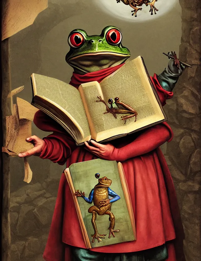Prompt: anthropomorphic bipedal frog that is dressed as a medieval librarian, and holding a giant book, as a matte oil painting and d & d character art, by sofonisba anguissola, standing, fullbody, floating bubbles, loose pages, concept art, award - winning, extremely detailed, sharp focus