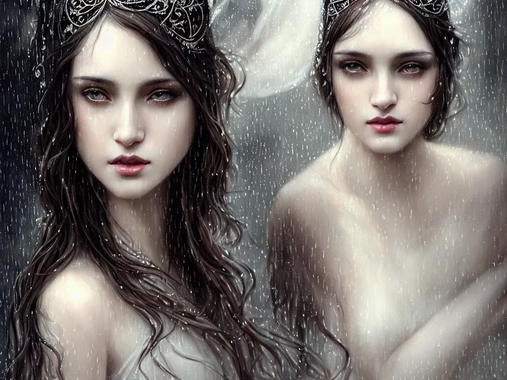 Image similar to highly detailed portrait of a beautiful girl in the rain with wet dark hair and pale skin, ornate elegant white dress, fantasy, intricate, elegant, dramatic lighting, emotionally evoking symbolic metaphor, highly detailed, lifelike, photorealistic, digital painting, artstation, concept art, smooth, sharp focus, illustration, art by John Collier and Albert Aublet and Krenz Cushart and Artem Demura and Alphonse Mucha