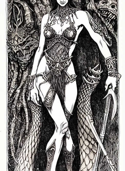 Image similar to cait sidhe as a d & d monster, full body, pen - and - ink illustration, etching, by russ nicholson, david a trampier, larry elmore, 1 9 8 1, hq scan, intricate details, inside stylized border