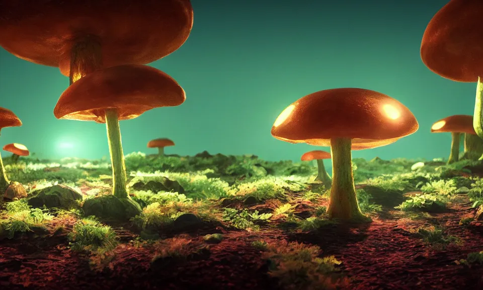 Prompt: bioluminescent mushrooms on an alien landscape with spores of glowing light, atmospheric lighting, octane 3d render, 4k wallpaper