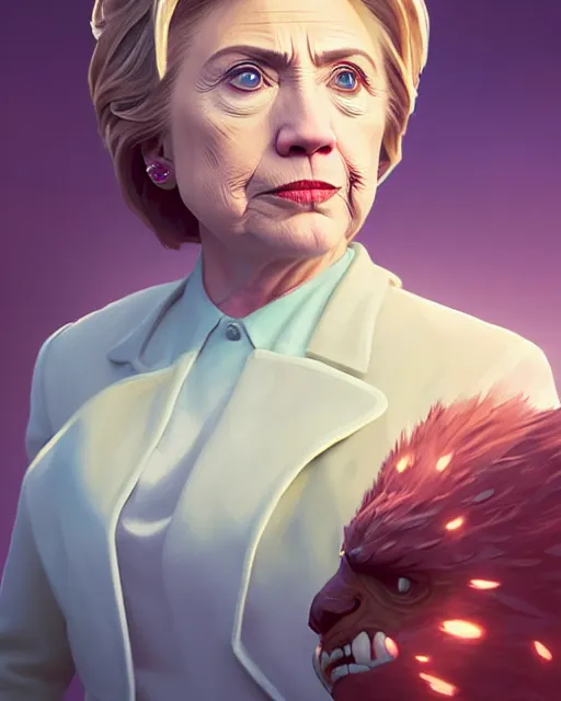 Prompt: highly detailed vfx portrait of a ferocious hillary clinton, stephen bliss, unreal engine, greg rutkowski, loish, rhads, beeple, makoto shinkai and lois van baarle, ilya kuvshinov, rossdraws, tom bagshaw, alphonse mucha, global illumination, detailed and intricate environment