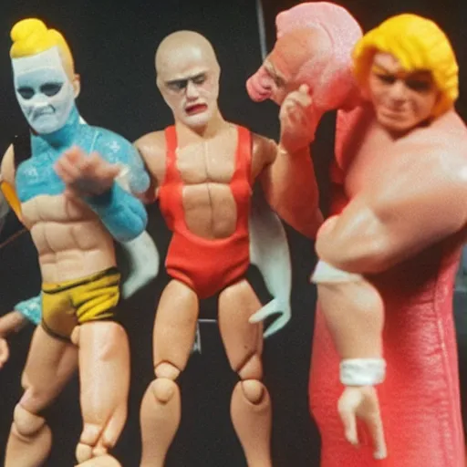 Image similar to WCW sting wrestling action figures fighting in abandoned dollhouse